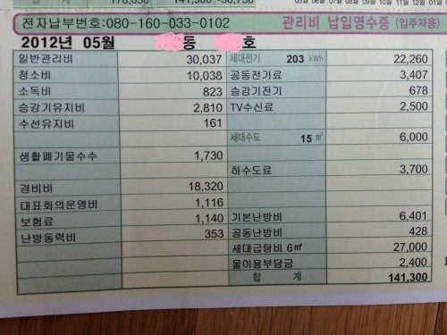 韓国のマンション、5月分の管理費は？